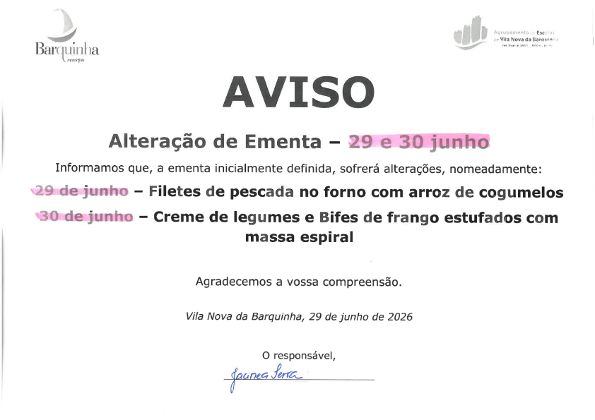 AVISO alteração de ementa 001